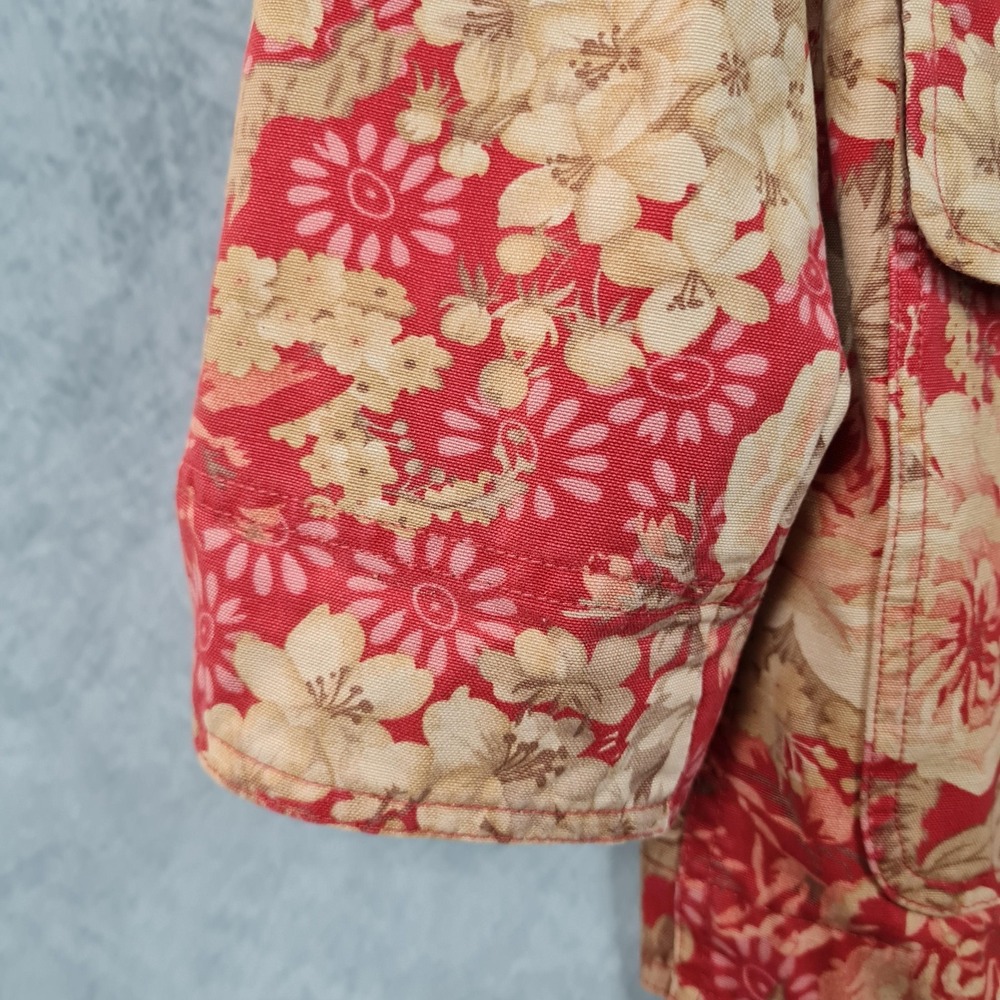 LL Bean Jacket Womens Medium Red Floral Canvas Corduroy Collar Lined Barn Coat - Picture 4 of 16